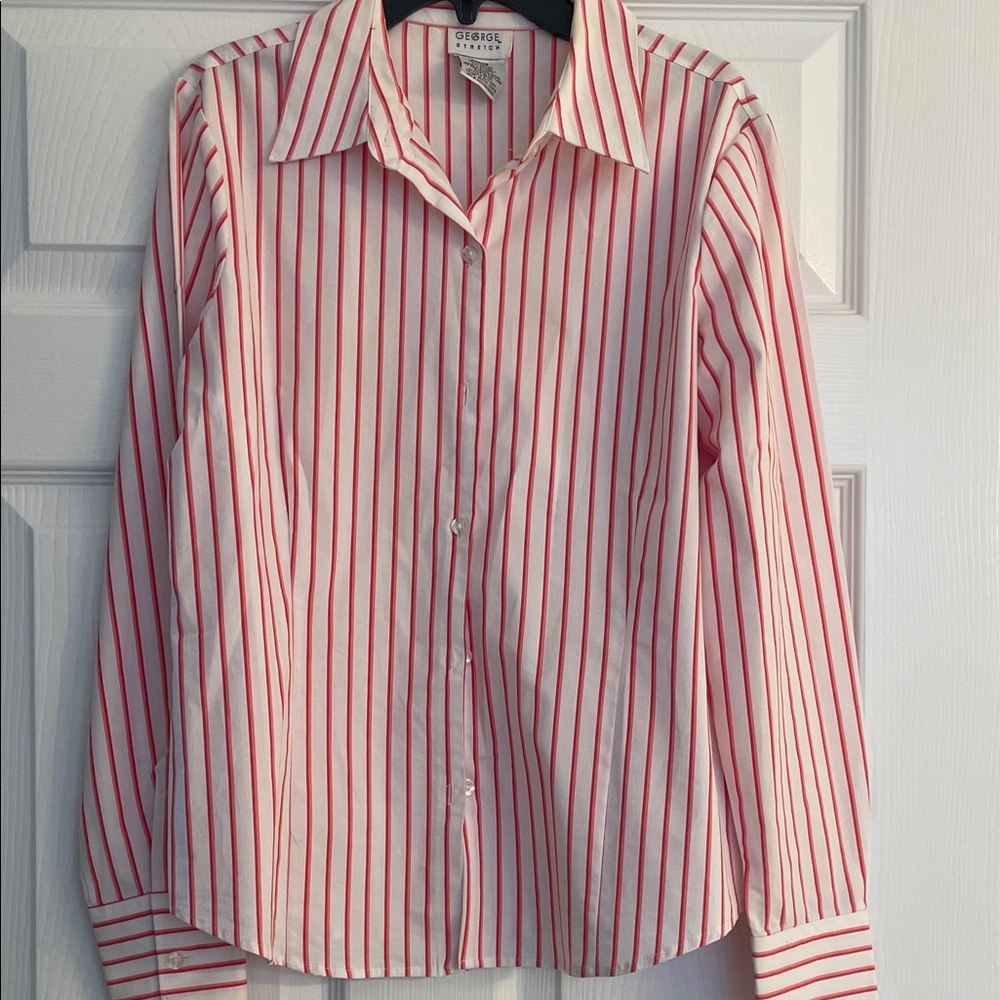 George Stretch Red and White Striped Button-Up Shirt